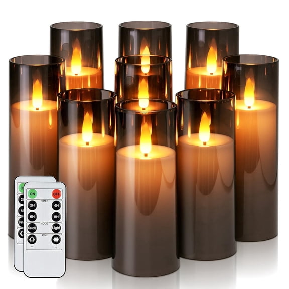 Merrynights Decorative Flameless LED Pillar Candles, Battery Operated, Remote, Timer, Flickering, Gray, 9 Pack, 2.2 inch D, 5, 6, 7 inch H