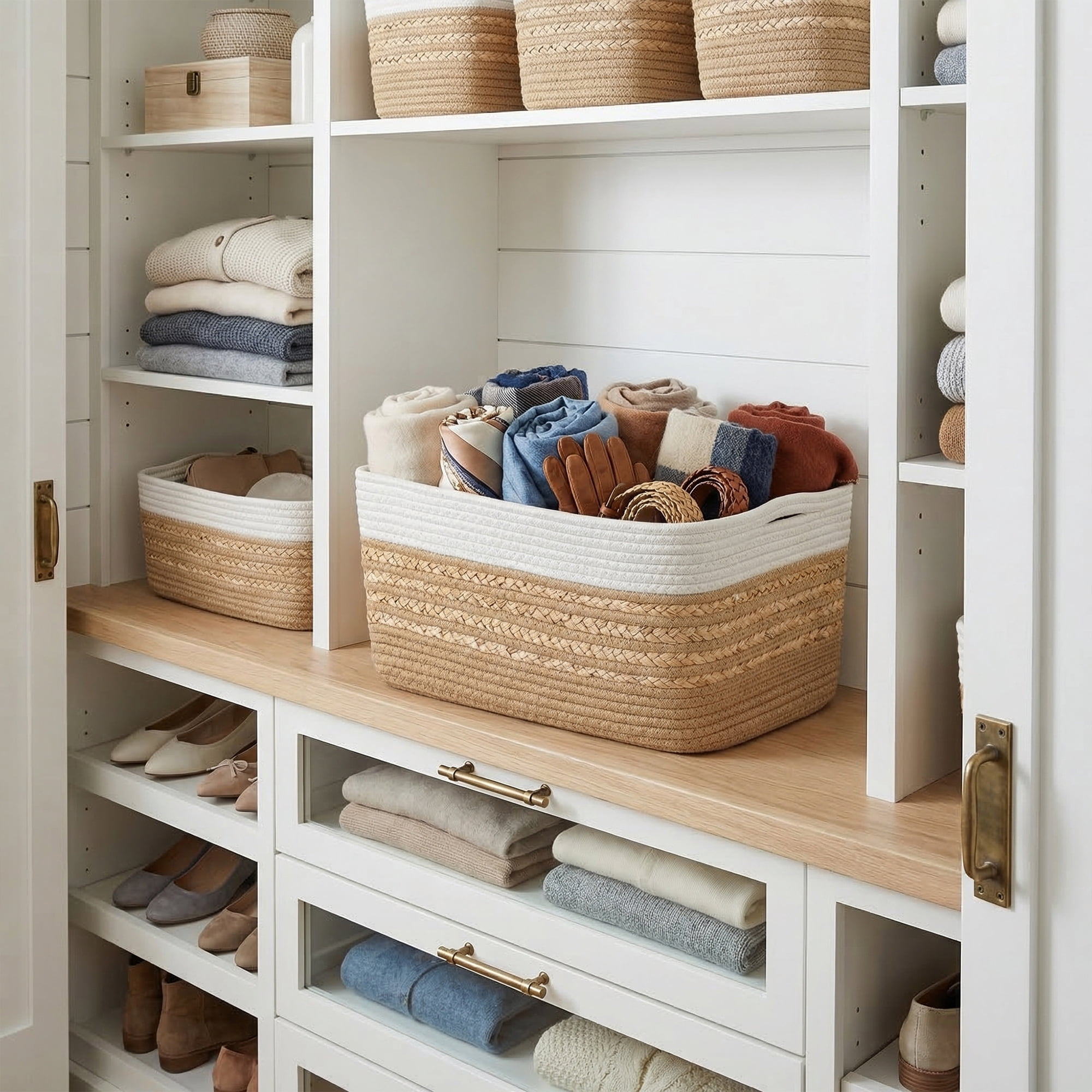 Unique Bargains Woven Storage Basket Storage Bin White Brown 18.9*11*9.1in