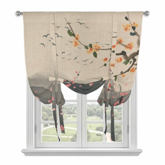 Chinese Ink Painting Tie Up Curtains for Windows, Adjustable Balloon Window Shades, Pink Peach Blossom Branches Kitchen Window Treatments Adjustable Roll Up Curtain for Basement/Nursery 52"x45"