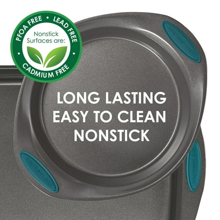 Rachael Ray - 3-Piece Nonstick Bakeware Cookie Pan Set with Silicone Grips - Gray with Marine Blue Grips