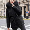 thumbnail image 2 of Lovskoo 2024 Women's Winter Coats Fleece Parkas Anoraks Hooded Thick Warm Long Sleeve Plush Cotton Jacket with Large Collar and Waistband Cotton Jacket Black, 2 of 8