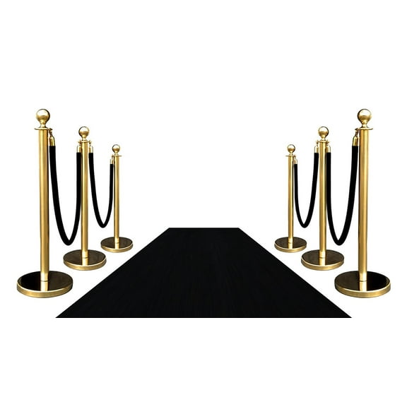 VIP Crowd Control, 6 Gold Crown Rope Stanchions   4 Black Velour Ropes   1 pc of 3' x 10' Black Carpet
