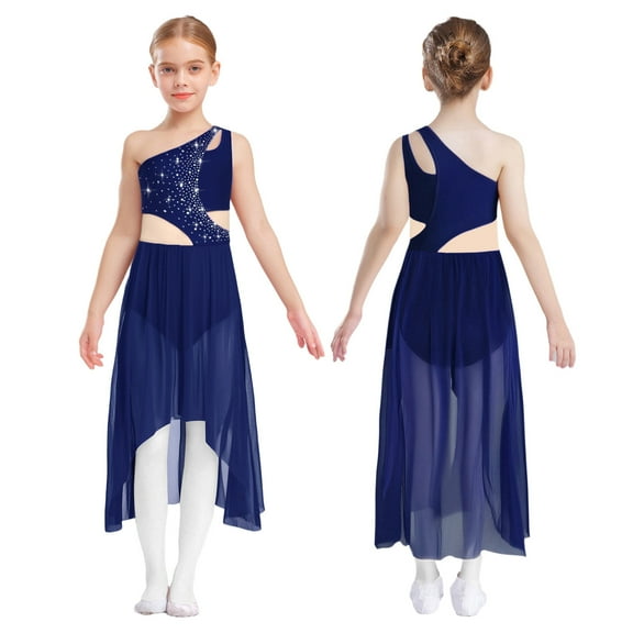 YUUMIN Kids Girls Latin Jazz Irregular Skirt Ballet Dance Performance Dancewear Gymnastics Leotard Dress Navy Blue 12
