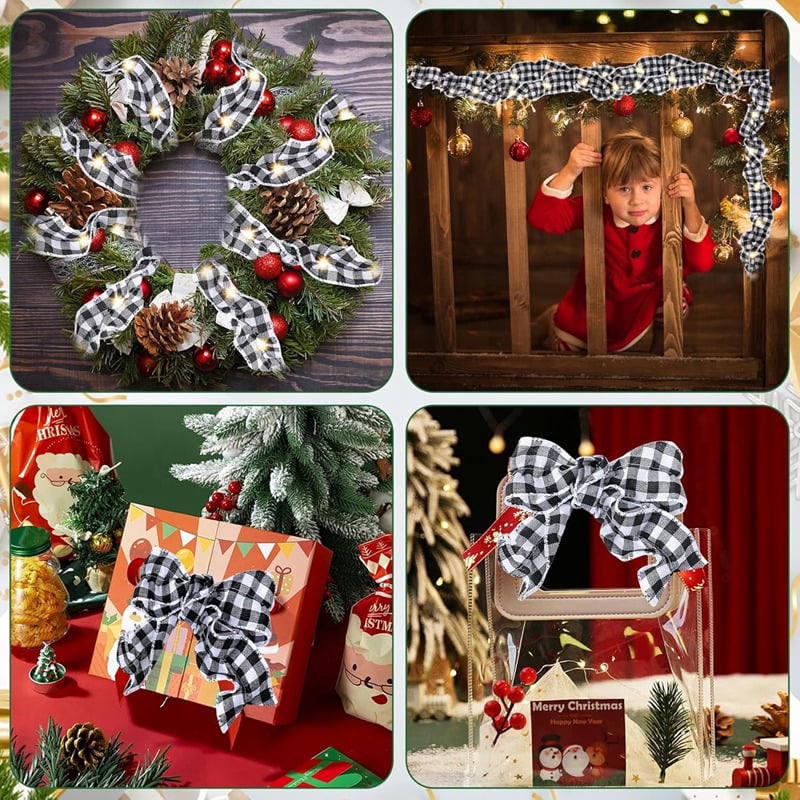6 Rolls LED Rustic Christmas Tree Garland Ribbon Craft with LED Lights for Christmas Decorations Black&White