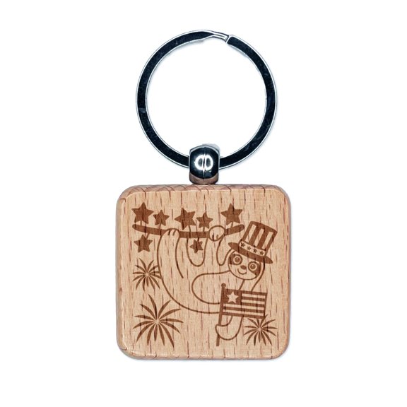 Patriotic Sloth July 4th Independence Day USA United States of America Square Keychain Charm Tag - Engraved Wood
