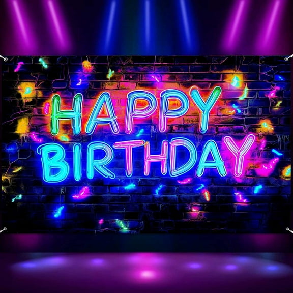 VEIVIAN Neon Birthday Party Banner,Glow In The Dark Blacklight Happy Birthday Party Decorations Yard Sign UV Reactive Poster Background Decor 72X44 inch