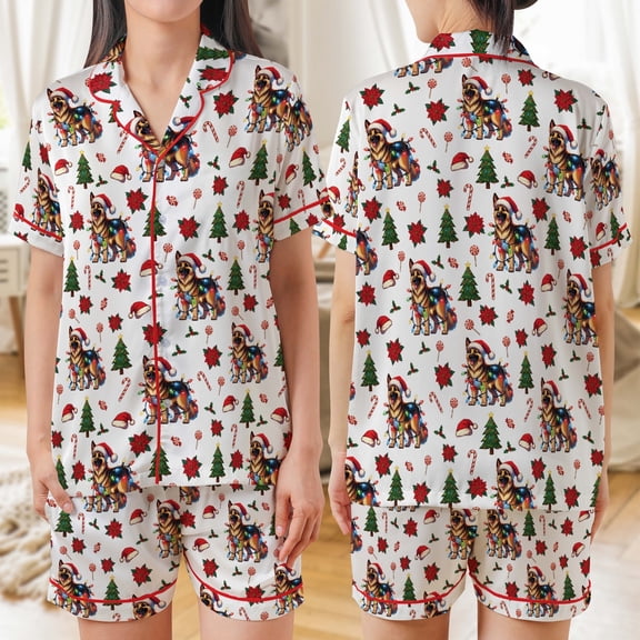 Lotusprinthandmade German Shepherd Dog Christmas Lights All-over Print Satin Short-Sleeve Pajamas Set