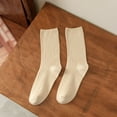thumbnail image 2 of QUOTAY Women's Stacked Mid Calf Socks Double Needle Knit Solid Color Casual Ankle Socks for Women Fashion Retro Korean Japanese Style Socks 02_Beige，One Size, 2 of 3