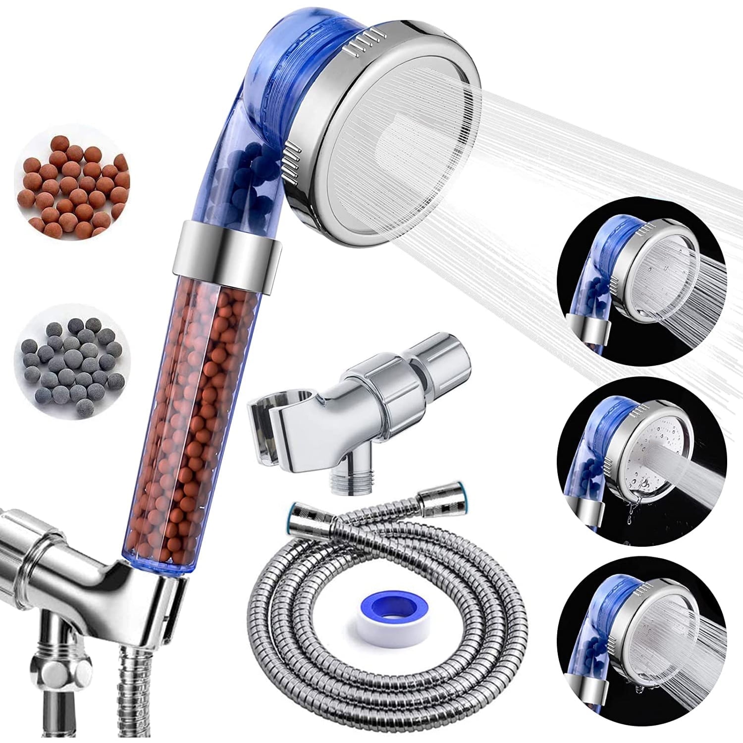 PHANCIR Hand Held Shower Head, 3 Settings Spray High-Pressure Shower Heads with Filter Beads, Blue