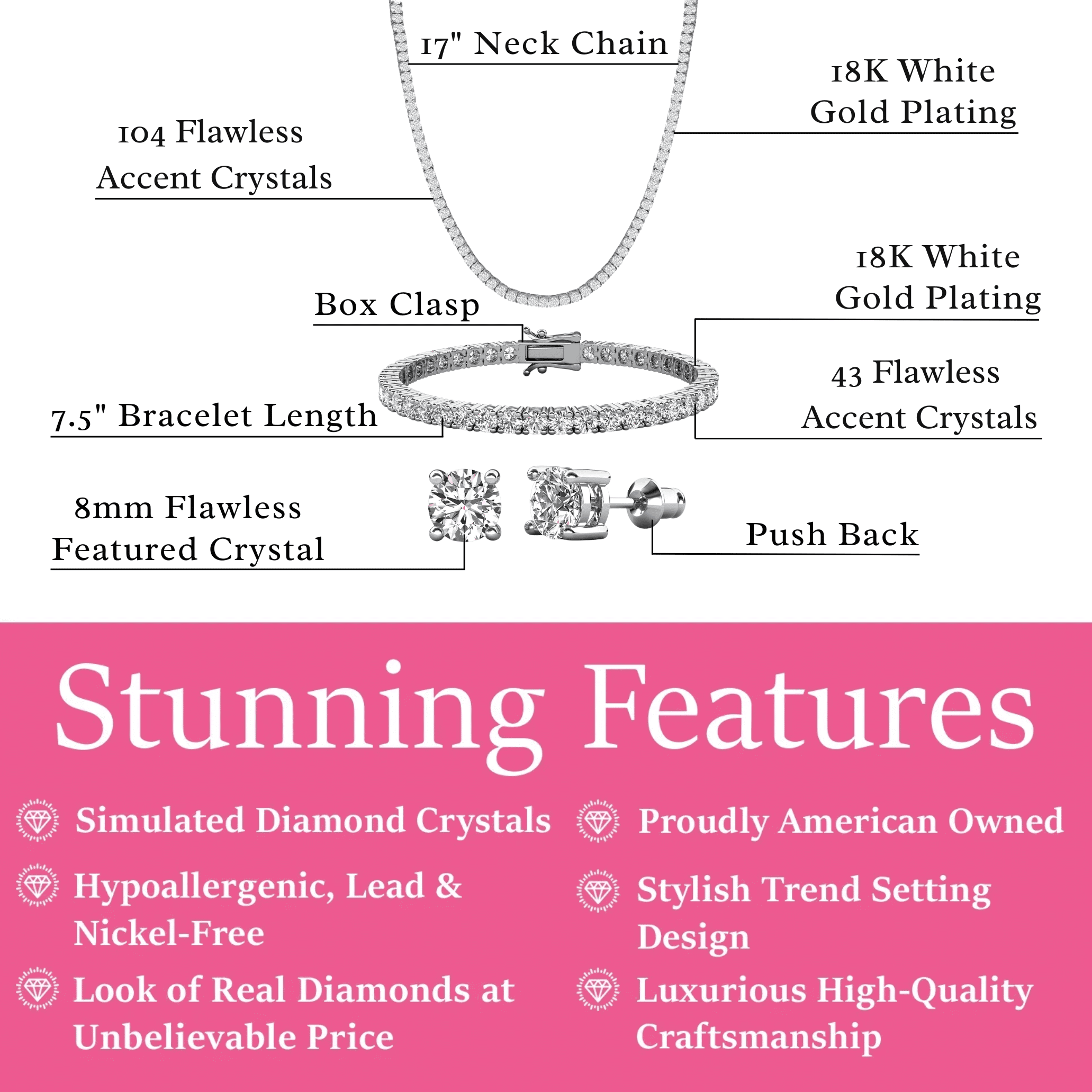 Cate & Chloe Pack of 3 - Olivia 18k White Gold Plated Jewelry Set with Simulated Diamond Crystals