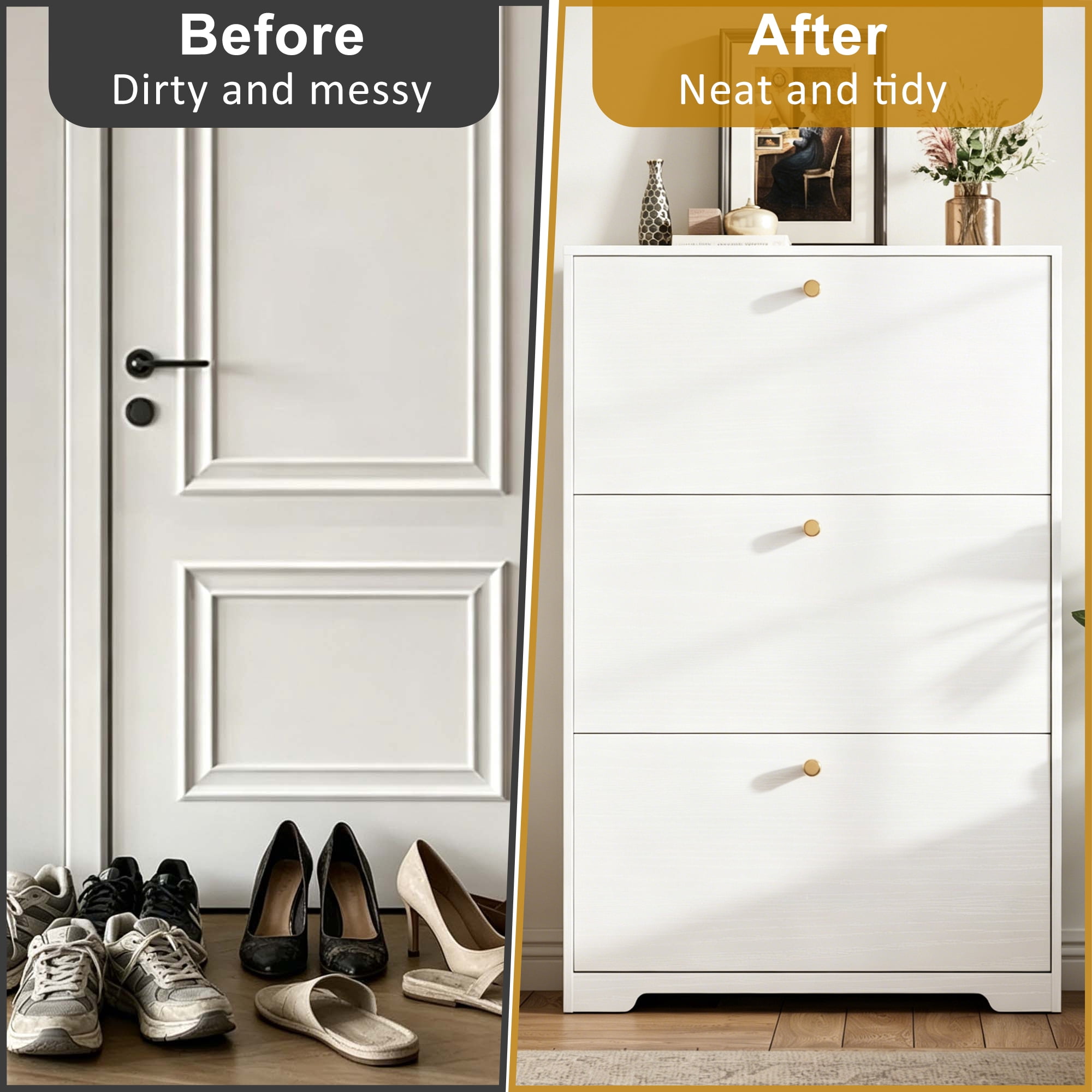 Skyhill Shoe Cabinet with 3 Flip Drawers,Modern Shoe Organizer for Entryway,White