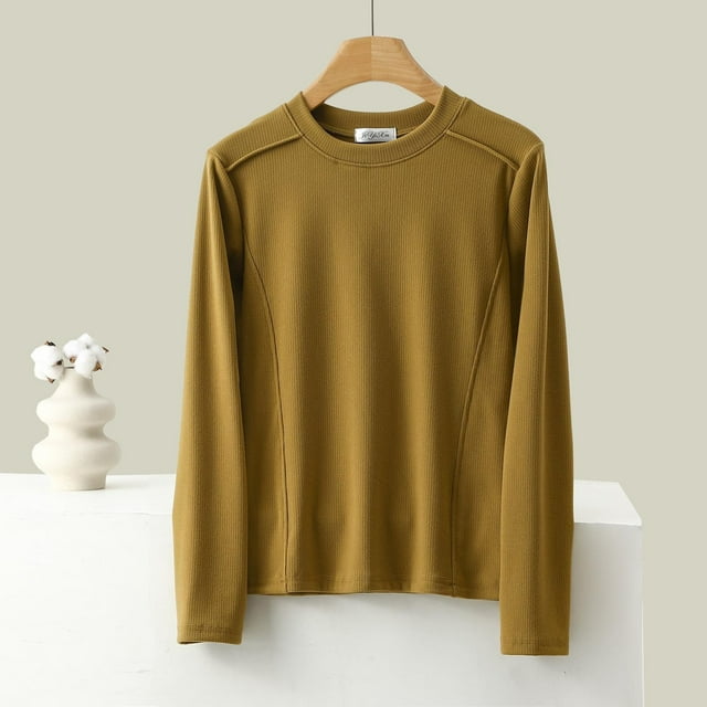 Fankiway Chemises à Manches Longues pour Femmes, sous-Vêtement Thermique en Polaire Colorée à Col Rond Jaune 2TG