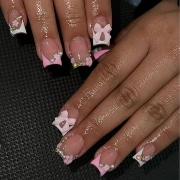 Cute Press on Nails Short Square French Tip Fake Nails Flower Pearls Bow Charms False Nails with Designs Pink & White Glossy Glue on Nails Stick on Nails Acrylic Nails for Women Girls 24Pcs