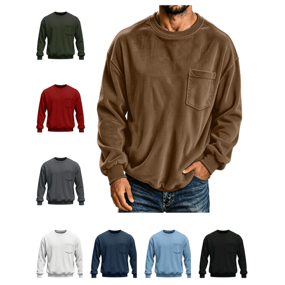 Atkumj Men's Corduroy Sweatshirts Casual Solid Color Crewneck Sweatshirt Fashion Fall Ribbed Texture Long Sleeve Pullover Tops with Chest Pocket S