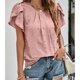 thumbnail image 2 of Top con cuello redondo para mujer, escote plisado, mangas cortas de pétalos, tela jacquard, camiseta informal de verano, rosa oscuro S, 2 of 8