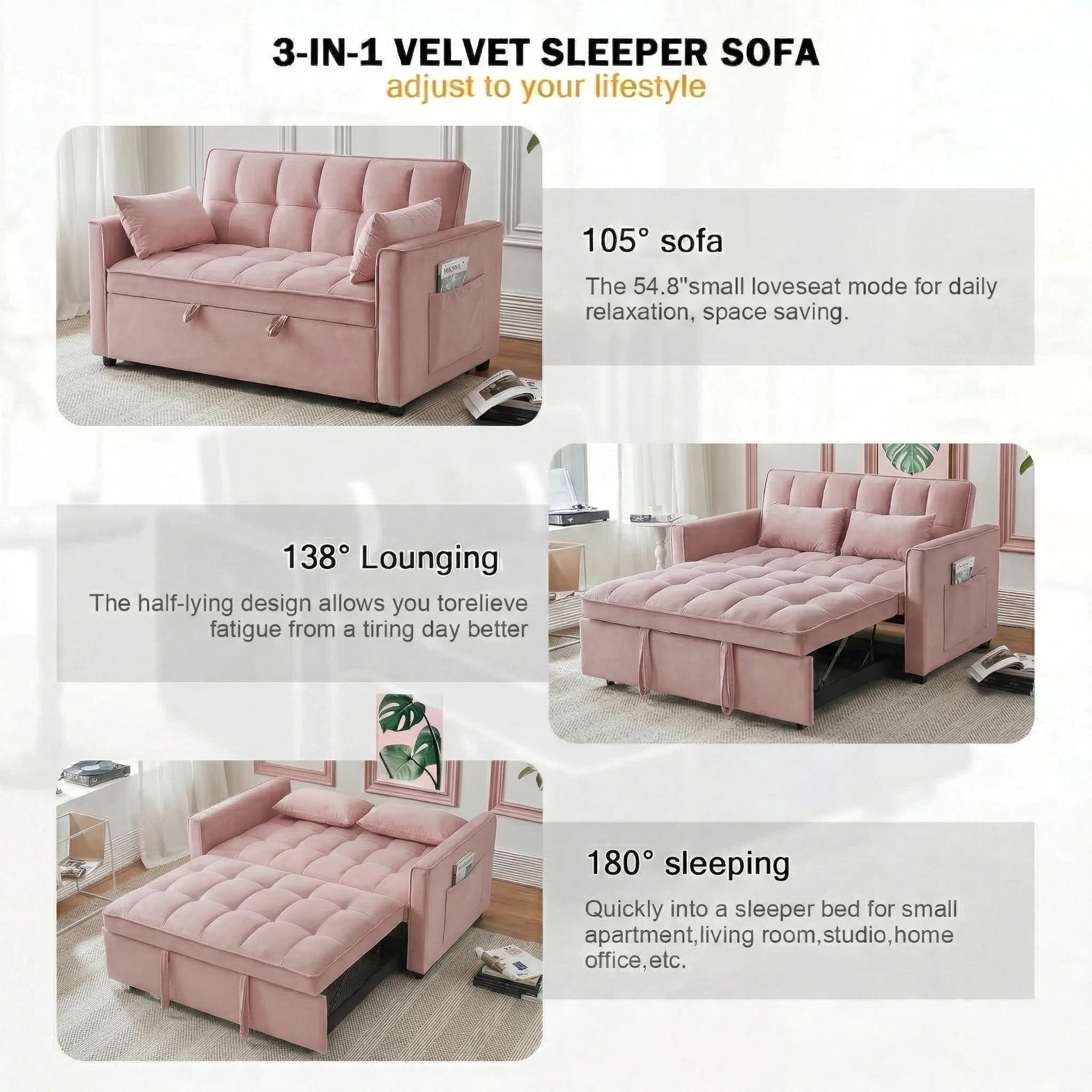 Avobird 3-in-1 Velvet Convertible Sleeper Sofa, Pull Out Couch Bed with Adjustable Backrest & Storage, Pink