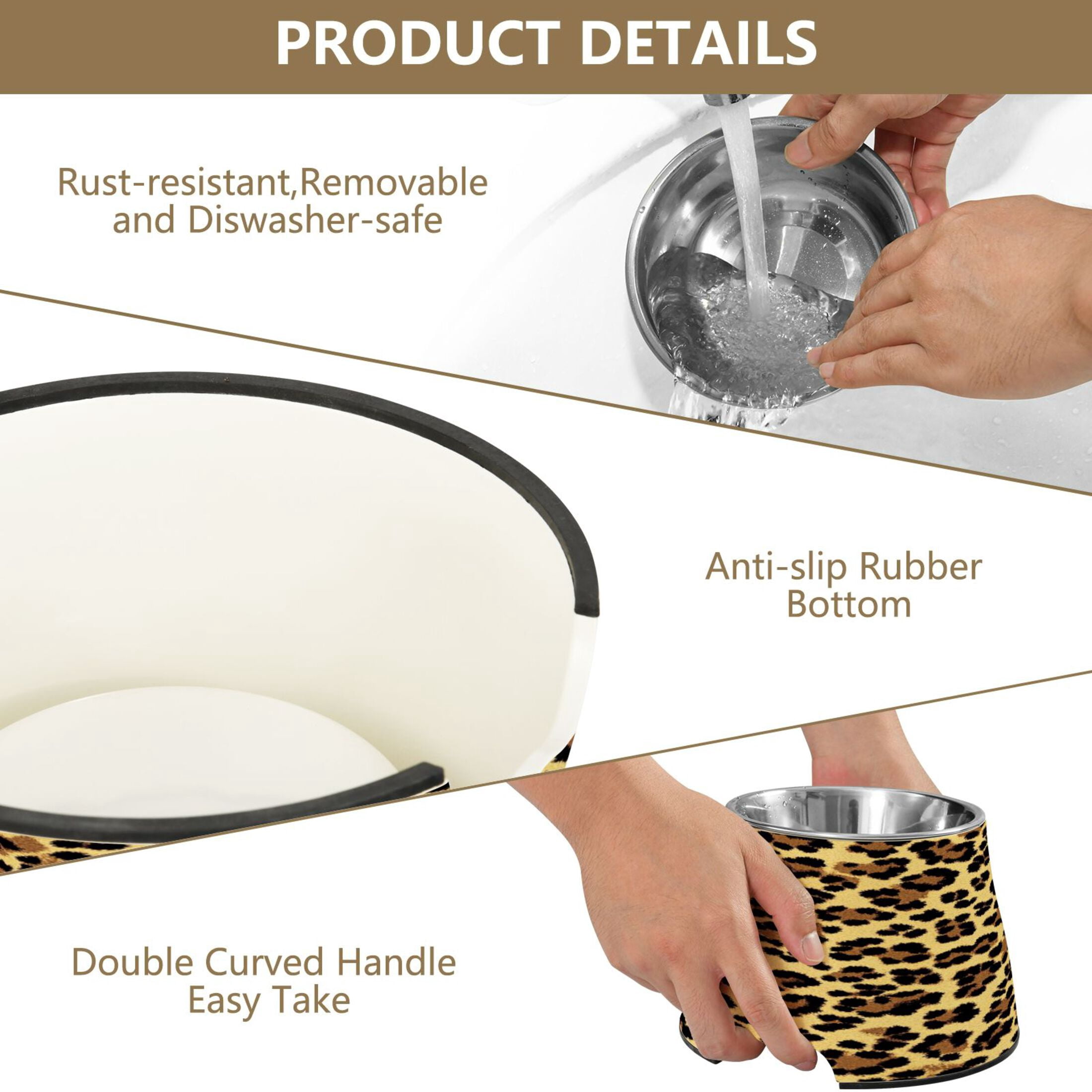 Raised Pet Bowl with Removable Stainless Steel Insert Anti-Slip No-Tip Dog Bowl for Small to Medium Pets Brown Leopard