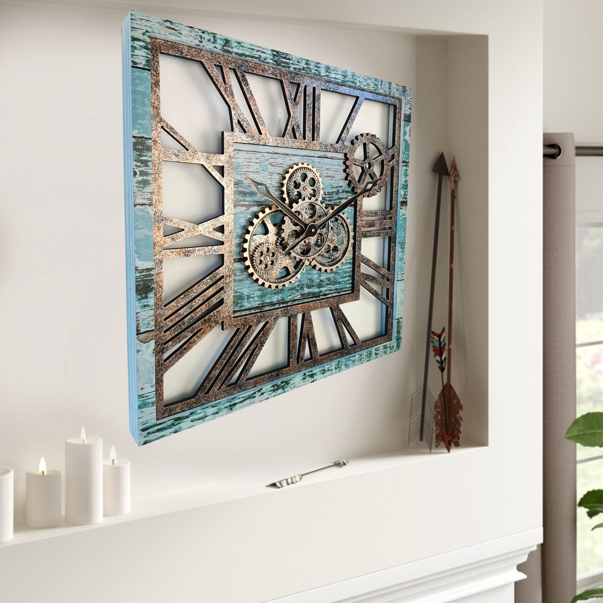 THE GEARS CLOCK Wall Clock with Real Moving Gears AM-LI_ 24 in Square Aqua-Green