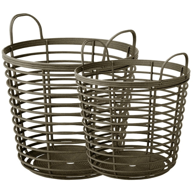PRISP Oaka Home Storage Baskets - Set of 2 Decorative Multipurpose Bins with Handles for Throw Blankets, Laundry, Toys and Organization in Living Room, Bedroom and Bathroom