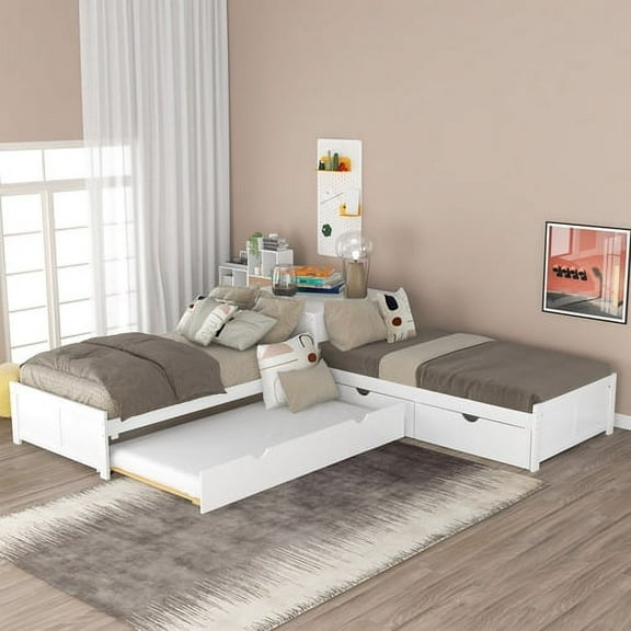 Elitezip Twin Size L-shaped Platform Bed with Trundle and Drawers Linked with Built-in Desk, 3 Beds in One for Living Room, Bedroom, Guest Room, No Box Spring Needed, White