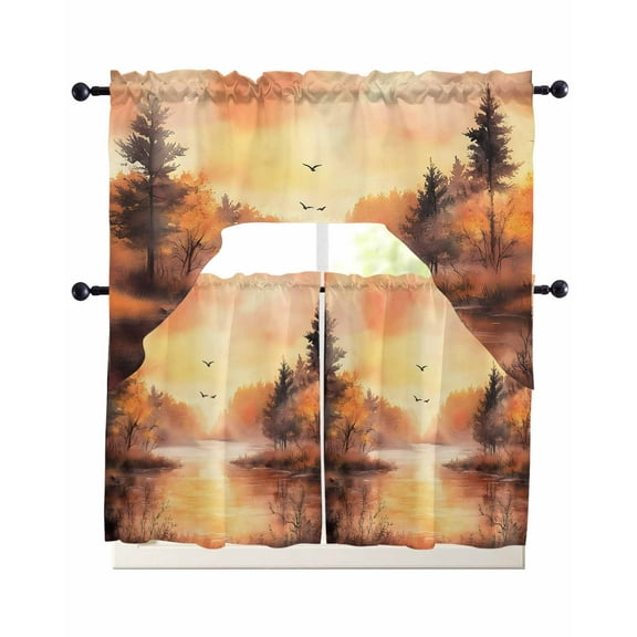 Orange Forest Kitchen Curtains Sets 36 Inch Length with Valance, Idyllic Watercolor Sunset Nature Scenery Swag Valances and Tiers Curtain Set Drapes Swag Curtains for Living Room, Bathroom, Bedroom