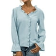 thumbnail image 1 of Top con costuras de encaje y cuello en V para mujer, camisa de manga larga con ribete de volantes, Top informal cómodo de Color puro, 1 of 6