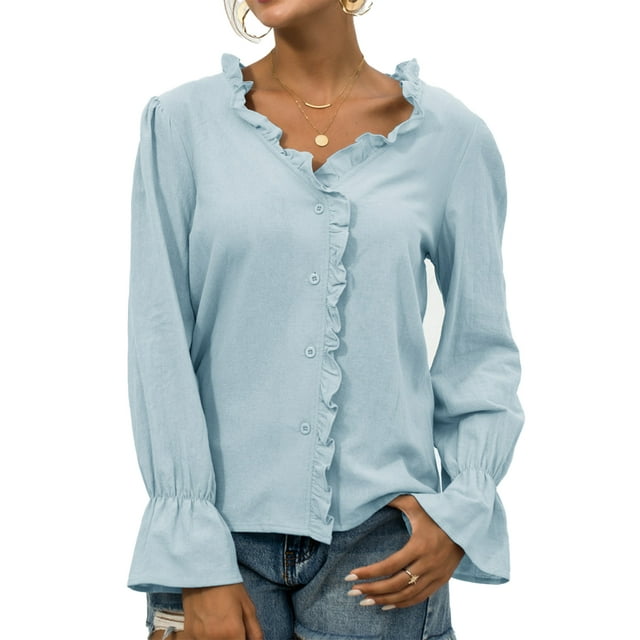 Top con costuras de encaje y cuello en V para mujer, camisa de manga larga con ribete de volantes, Top informal cómodo de Color puro