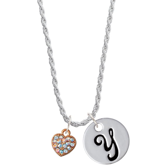 Delight Jewelry Small Rose Goldtone Heart with Clear AB Crystals Silvertone Script Initial Disc - Y - Charm Necklace, 20"+3"