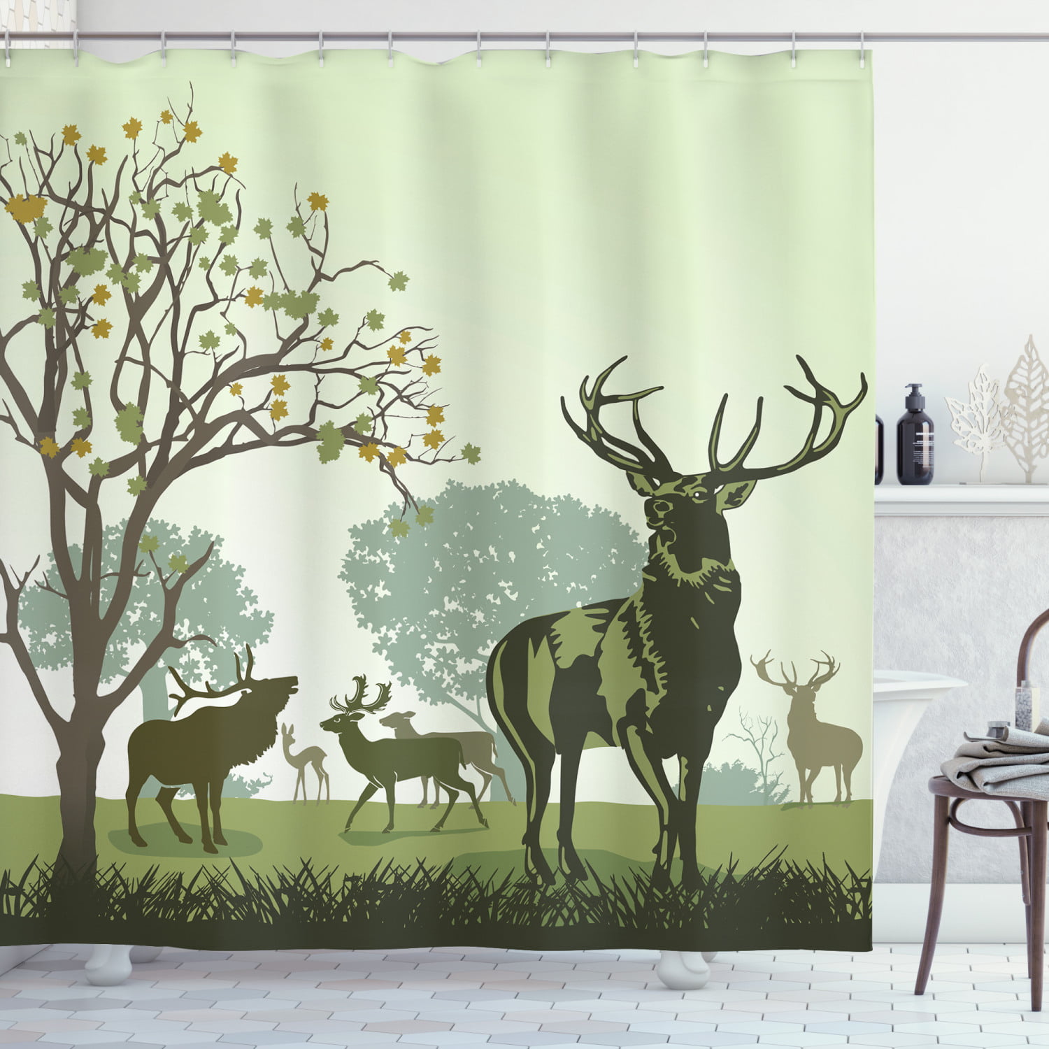 Designer Deer Illustration Print Elk Fall Leaves Nature Decor Shower Curtain Set 