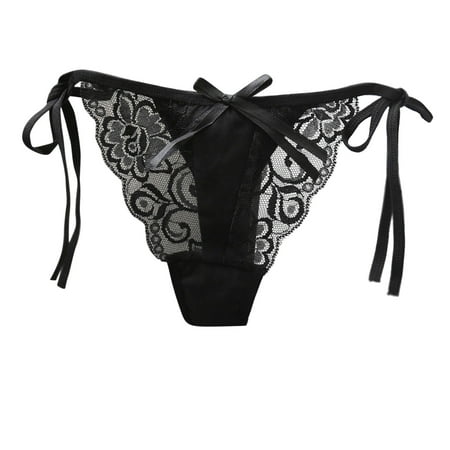 QYZEU Womens Panties Cotton Lace Solid Color Thong Low Waist Side Thin Strap Underwear Comfy Breathable Panties Soft Lightweight Underwear Black One Size