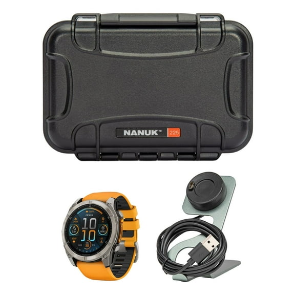 Garmin Fenix 8 Sapphire 51mm GPS Smartwatch with 1.4-Inch AMOLED Display (Spark Orange and Graphite) Bundle with Focus Camera Charger Stand and Focus Charger Port Protectors (9-Pack) (3 Items)