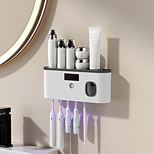 Smart Drying Toothbrush Cleaner & Organizer, Wall Mounted Toothpaste Dispenser with Electric Toothbrush Holders, Solar Charging 5-Slot Bathroom Holder