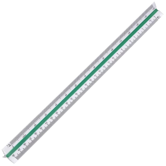 regla escala ventdepot accugraphmax 30cm 6 escalas plástico blanco. Perfil triangular en diagonal con tres caras impresas; marcas y números visibles para 1:100 1:200 1:250 1:300 1:400 1:500, bandas verdes que diferencian las escalas y superficie de plástico lisa para deslizar sobre planos; también adecuada para medir rápidamente dibujos técnicos.