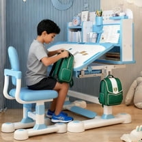 YNCE Kids Functional Desk and Chair Set, Ergonomic Height Adjustable Children School Study Desk with Tilt Desktop, Book Stand, Bookshelf, Metal Hook and Storage Drawer for Boys Girls 3-18 Years Old