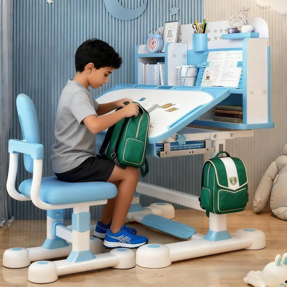 YNCE Kids Functional Desk and Chair Set, Ergonomic Height Adjustable Children School Study Desk with Tilt Desktop, Book Stand, Bookshelf, Metal Hook and Storage Drawer for Boys Girls 3-18 Years Old