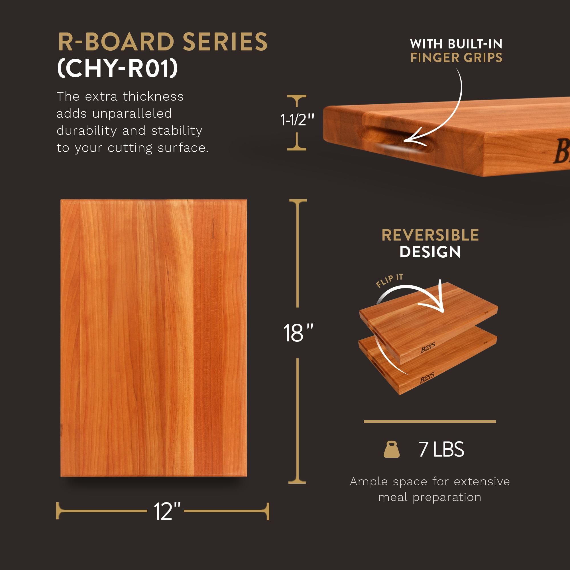 John Boos R-Board Reversible Wood Cutting Board, 18" x 12" x 1 1/2", Cherry