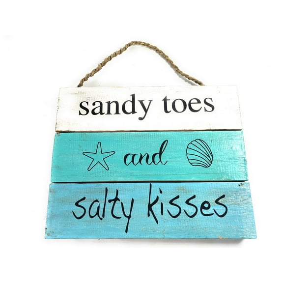 Sandy Toes And Salty Kisses Beach Sign on Planks 12" X 9.5" | #nik3201