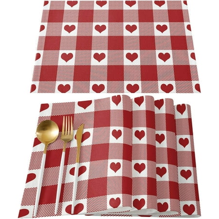 

Mother s Day Placemats Set of 4 Cotton Linen Heat Resistant Table Mats Non-Slip Washable Red Heart Shape Buffalo Love Plaid Valentine s Day Placemat for Holiday Party Kitchen Dining Table Decor