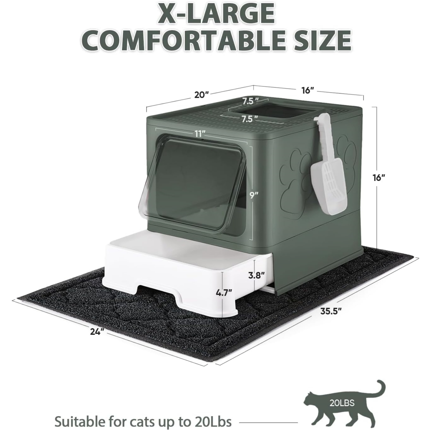 Cat Litter Box with X-Litter Mat and Scoop, Large Foldable Litter Box with Lid, Enclosed Kitty Box,Front Top Entry Exit, Odor Control Easy to Clean (Upgrade Olive Green)