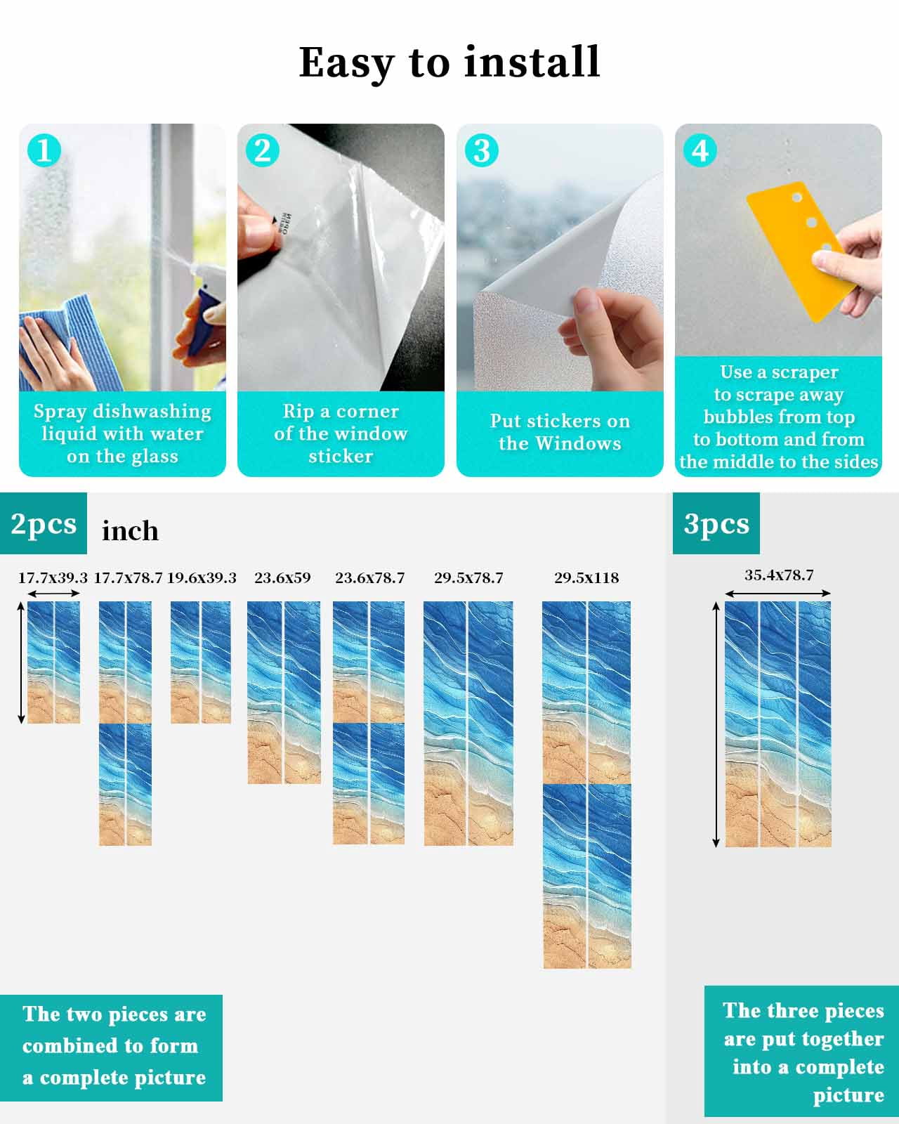 Window Privacy Film, Blue Ocean Ombre UV Sun Blocking Window Tint Film Heat Control One Way Blackout Window Film, Spring Summer Coastal Sea Wave Non Adhesive Static Cling Window Sticker 23.6x78.7 In