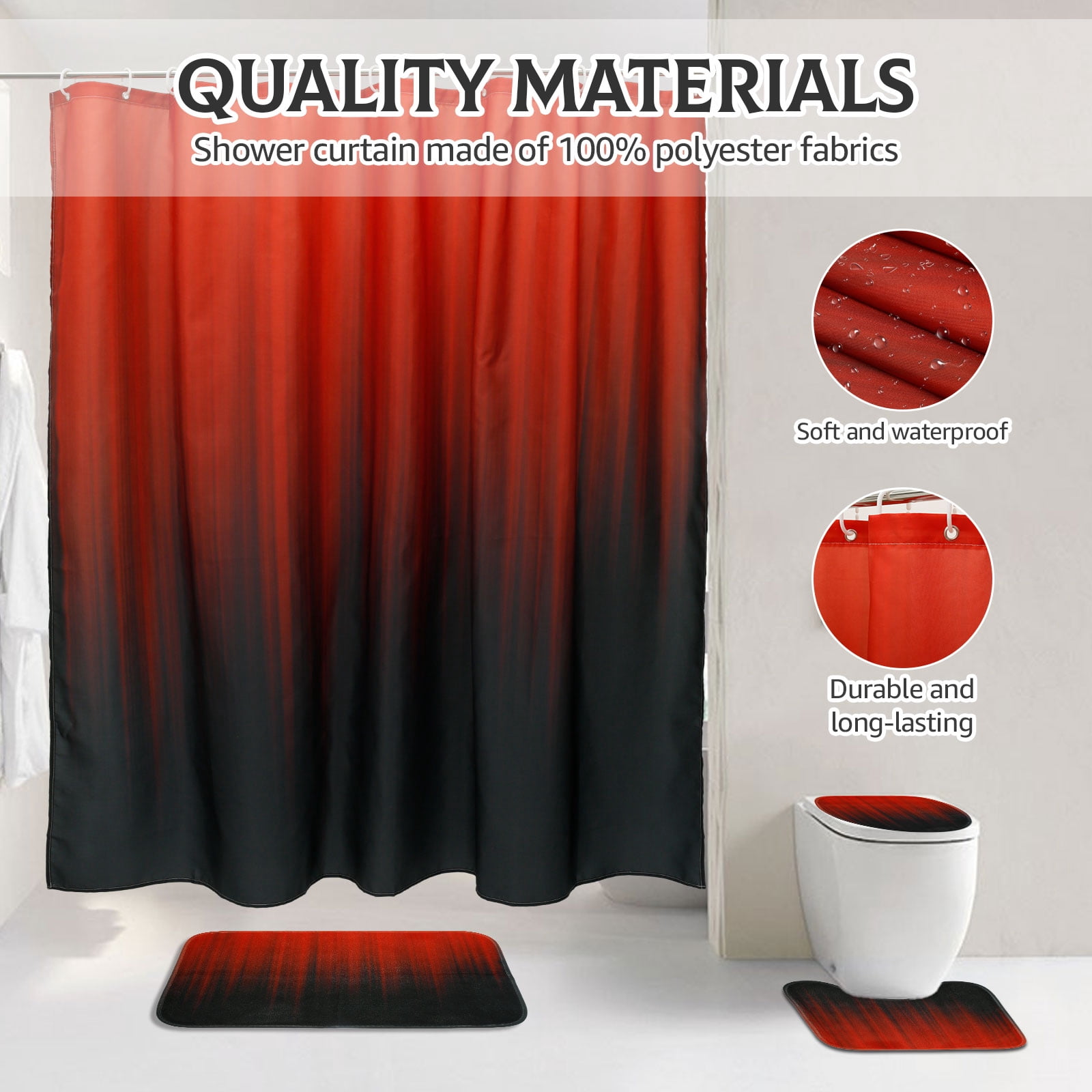 Dznils Black and Red Ombre Shower Curtain Set with Rug, 16pc Modern Bathroom Decor Set, 72" x 72"