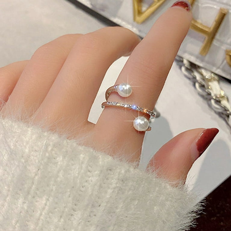Wedding Band Engagement Ring Women Adjustable Rings Pearl Index