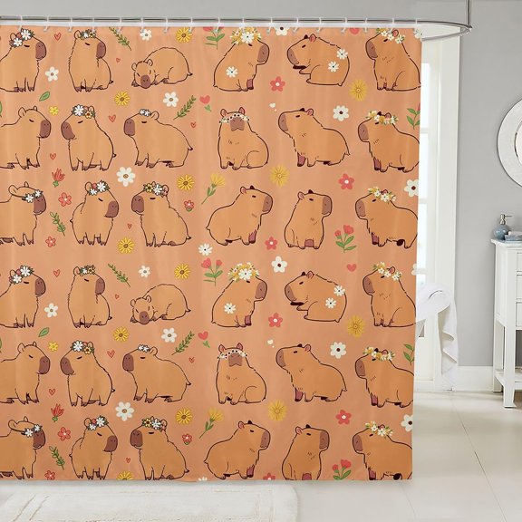 Capybara Shower Curtain Cute Floral Fabric Bathroom Decor With Hooks Waterproof 71x71 Inches