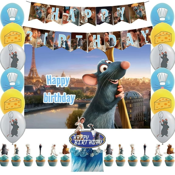 Ratatouille themed birthday party supplies decorations, set includes birthday banners, backdrops, balloons, cake decorations, suitable for boys and girls party decorations