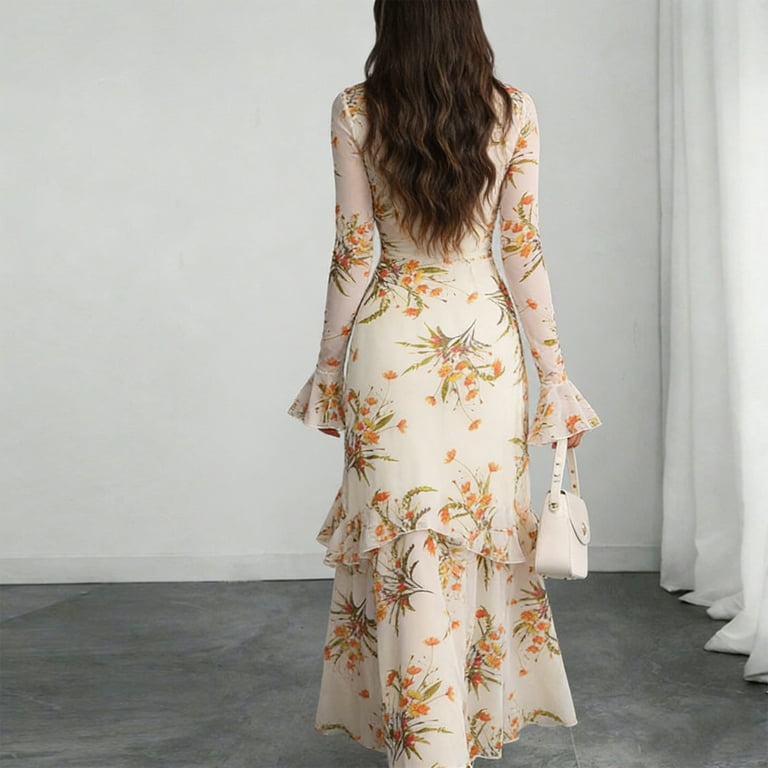 tiered mesh floral maxi dress Stichou Women's Wedding Guest Floral Print Vintage Goth Dress Mesh Spliced  Double-Layered 2026 Spring Summer Hemline Midi Dresses Beige M