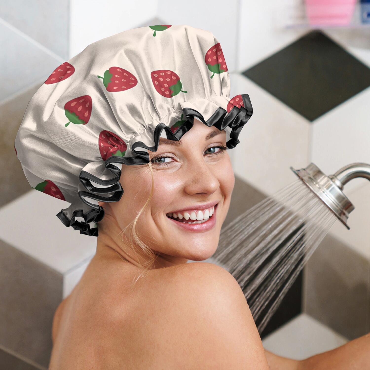 Shower Caps,Red Strawberry Plants Fruit Light Pink Pattern Waterproof Shower Cap for Women 4 Pieces,Double Reusable Hair Cover for Shower PEVA Elastic Stretch Hem