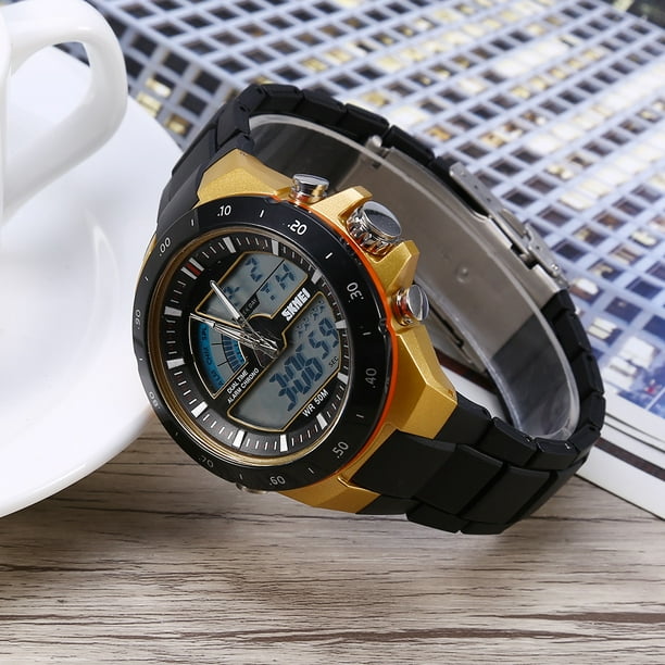 Montre Homme Montre Homme Montre Ronde Montre Homme Digitale Homme Montre-Bracelet  Analogique Numérique Rétro-Éclairage Double Heure Ronde Sport Montre Or  Noir 