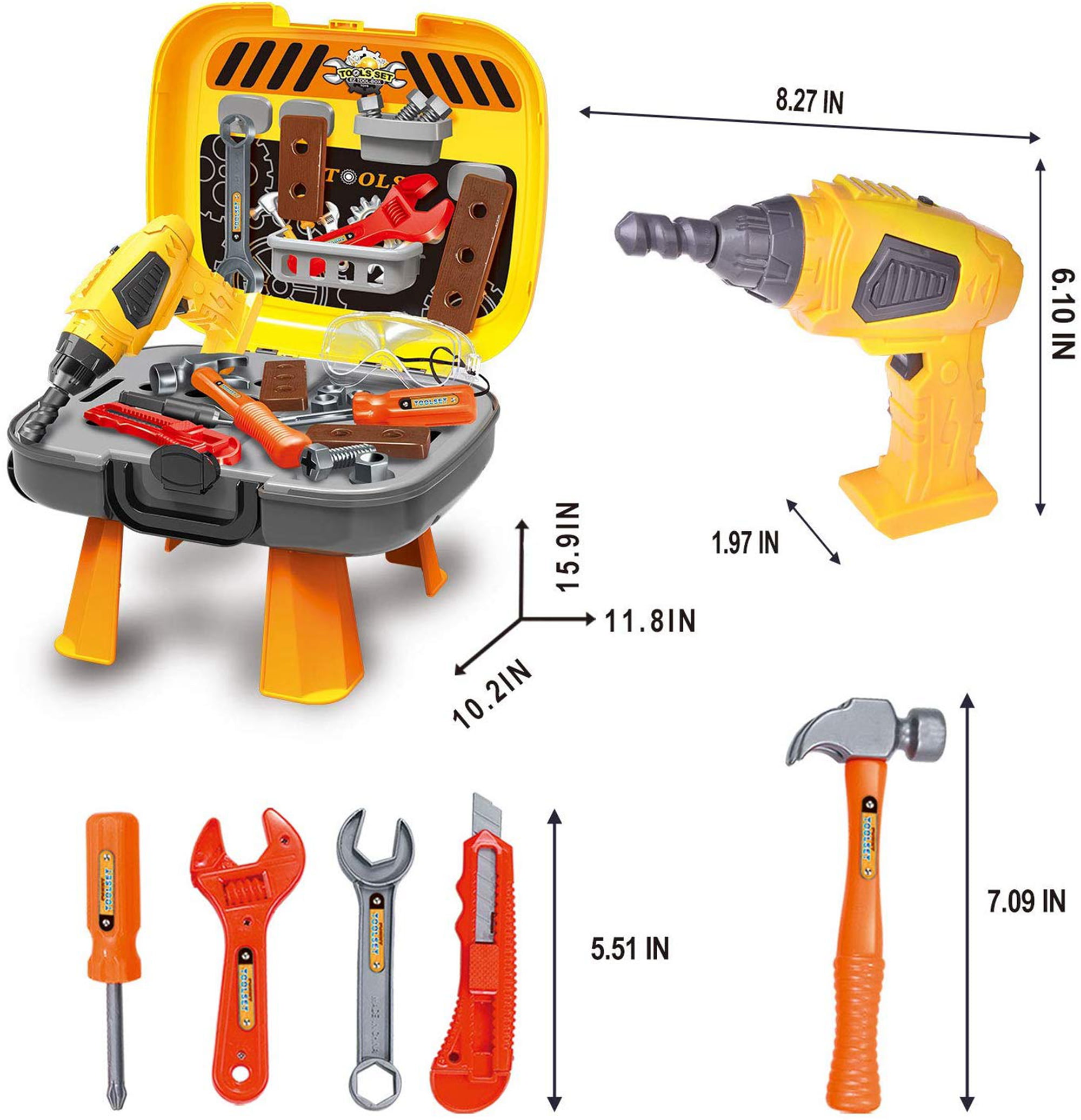 Fun Little Toys 35 Pcs Kids Tool Set, Including Electronic Cordless Drill,  Pretend Play Toy Tool Accessories and a Sturdy Tool Bag, Mix of Desireable  Toys for Boys and Girls 