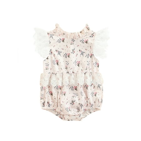

Calsunbaby Kids Baby Girls Summer Romper Infant Lace Splicing Floral Print Fly Sleeve Short Jumpsuit Casual Clothes