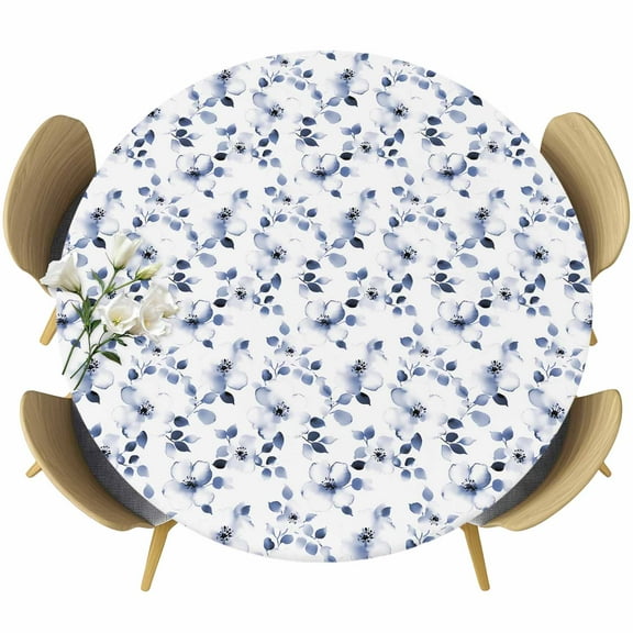 Blue Floral Round Tablecloth 36-44 Inch Round Fitted Table Cloth with Elastic Edge, Retro Blossom Flower Botanical Leaf Plant Waterproof Table Cover Protector for Outdoor Picnic Party Dining